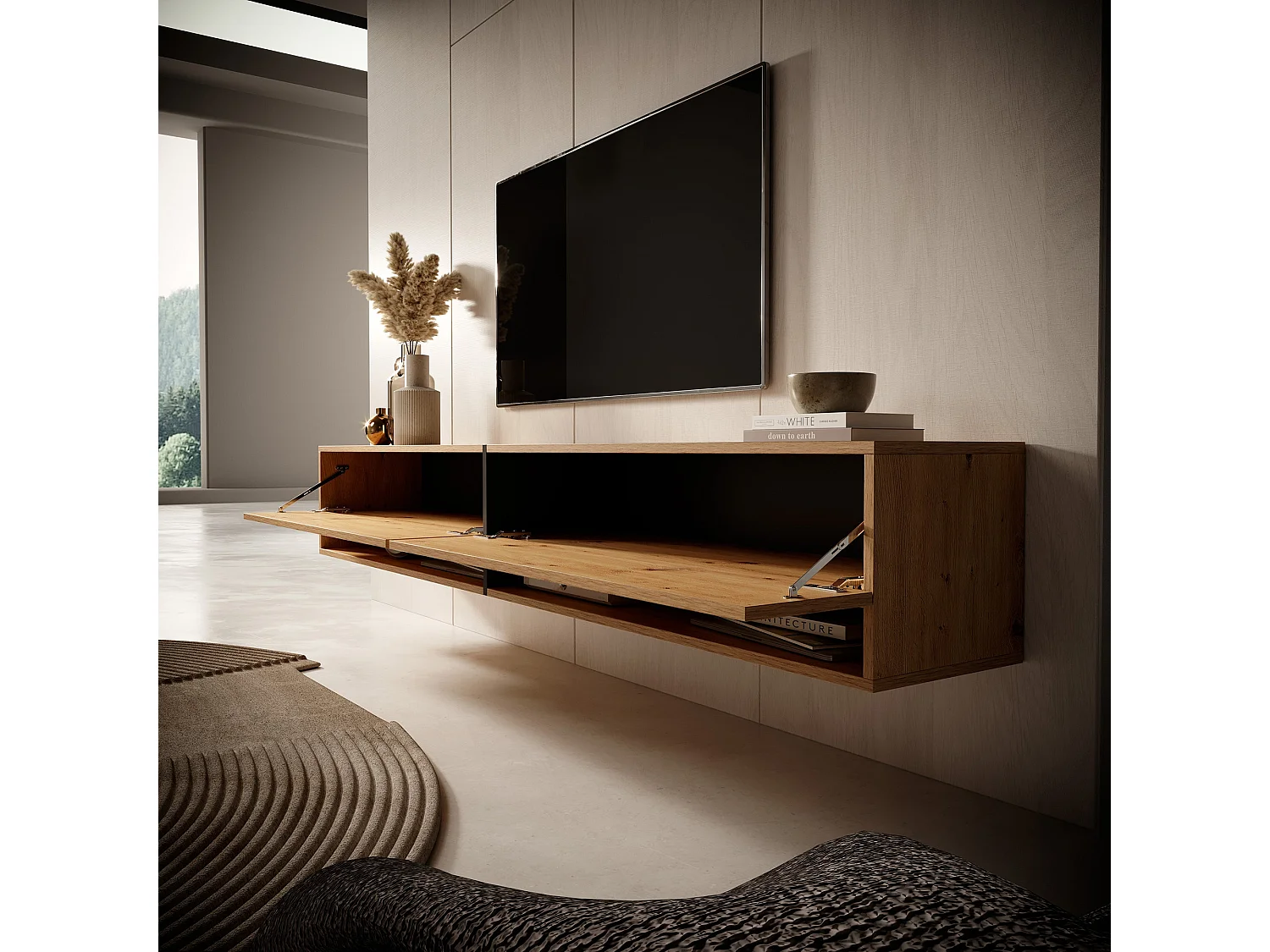 Meuble tv 200 cm -chêne artisan avec insert graphite - MIRRGO