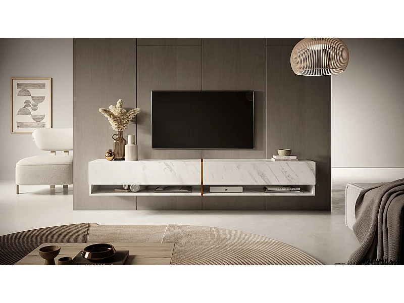 Meuble tv 200 cm -marbre blanc avec insert d'or - MIRRGO