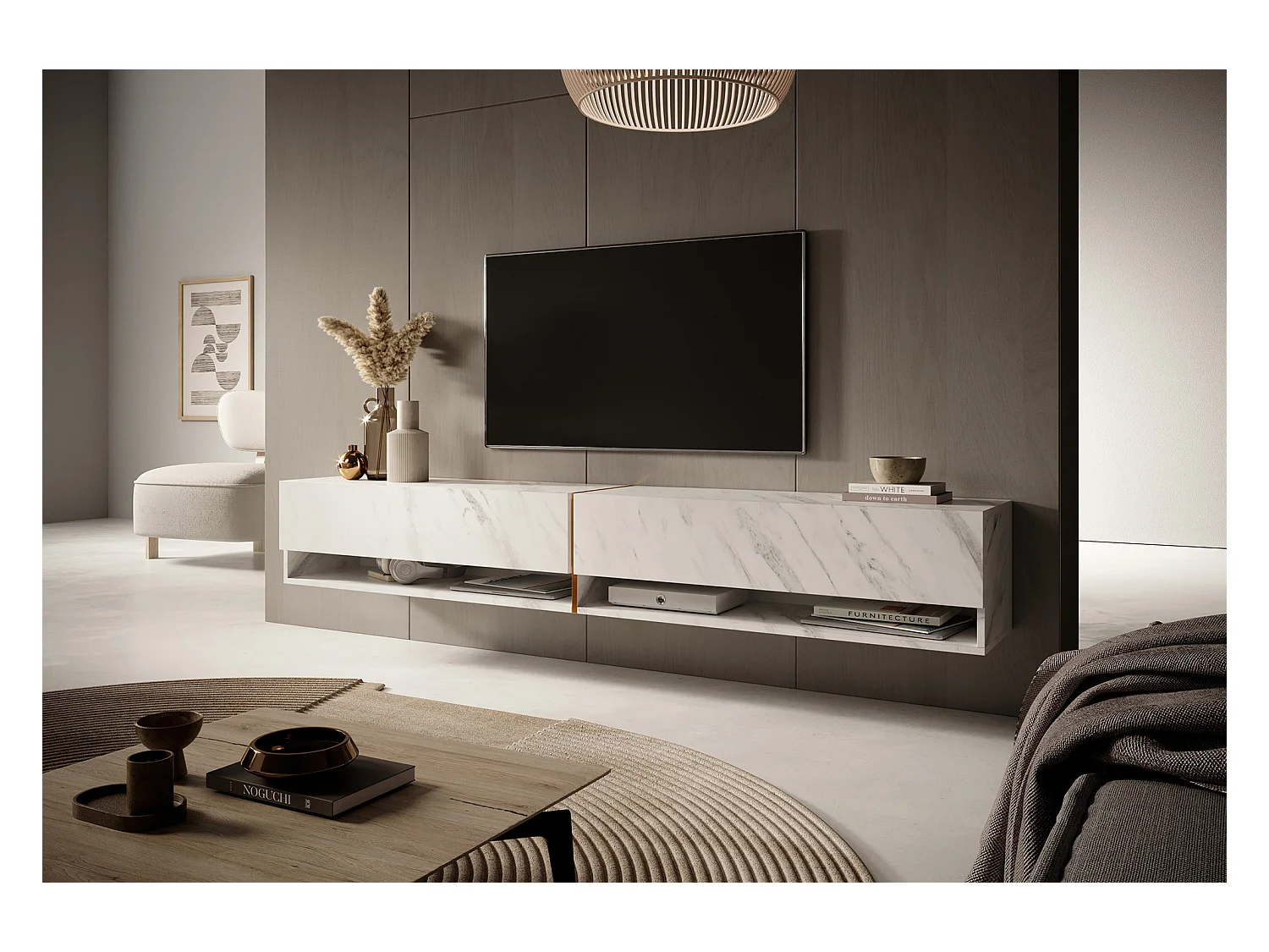 TV-meubel 200 cm - wit marmer met gouden inzetstukken - MIRRGO