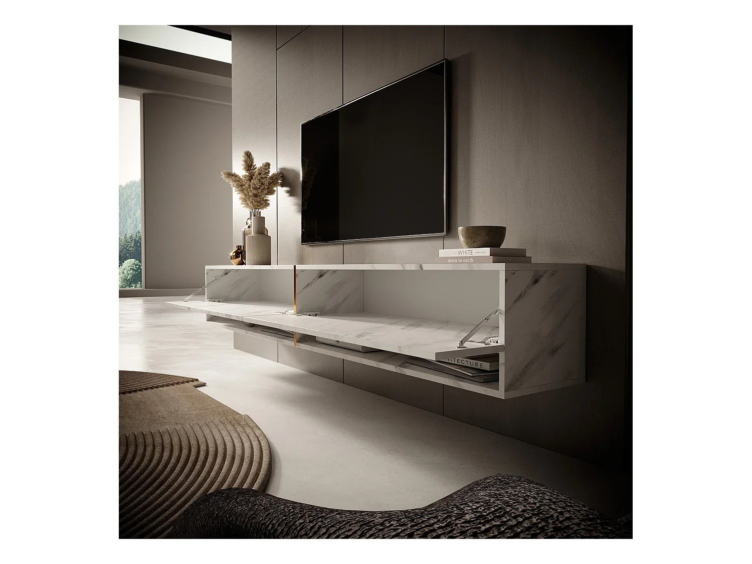 TV-meubel 200 cm - wit marmer met gouden inzetstukken - MIRRGO