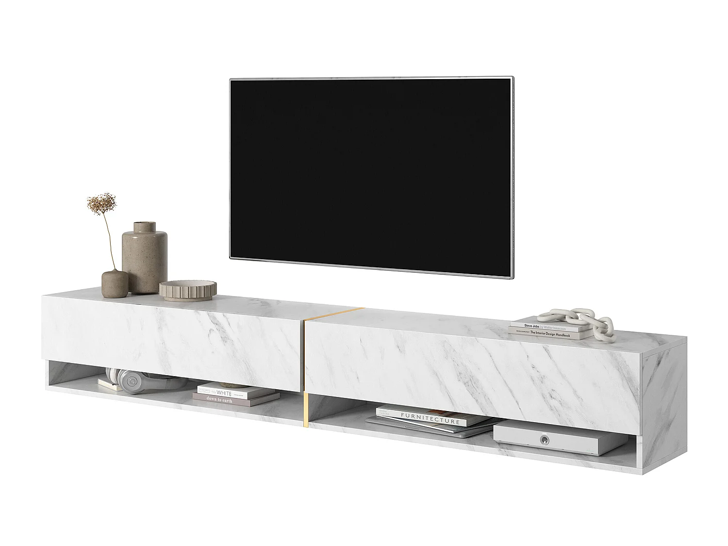 TV-meubel 200 cm - wit marmer met gouden inzetstukken - MIRRGO