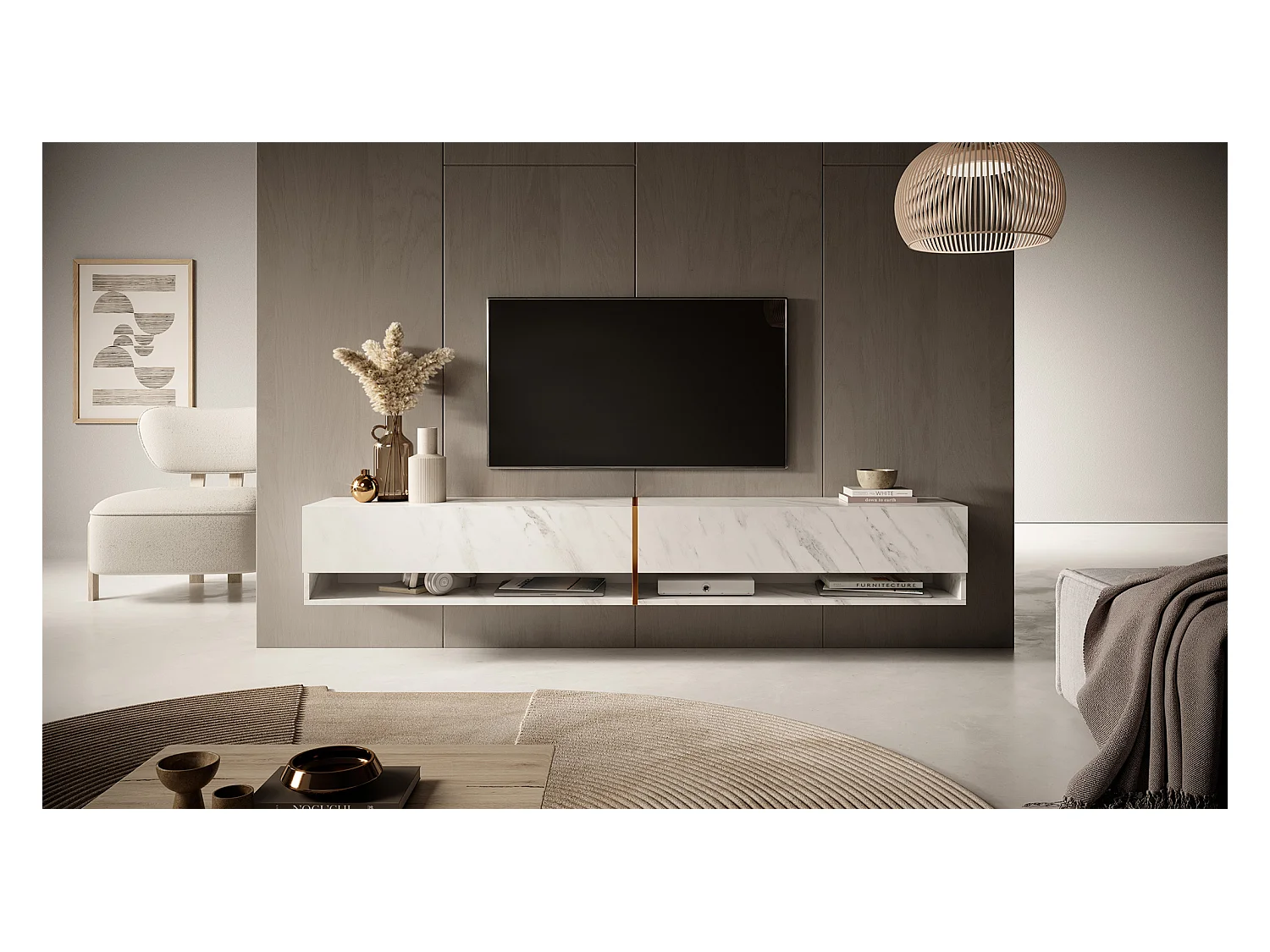 Meuble tv 200 cm -marbre blanc avec insert d'or - MIRRGO