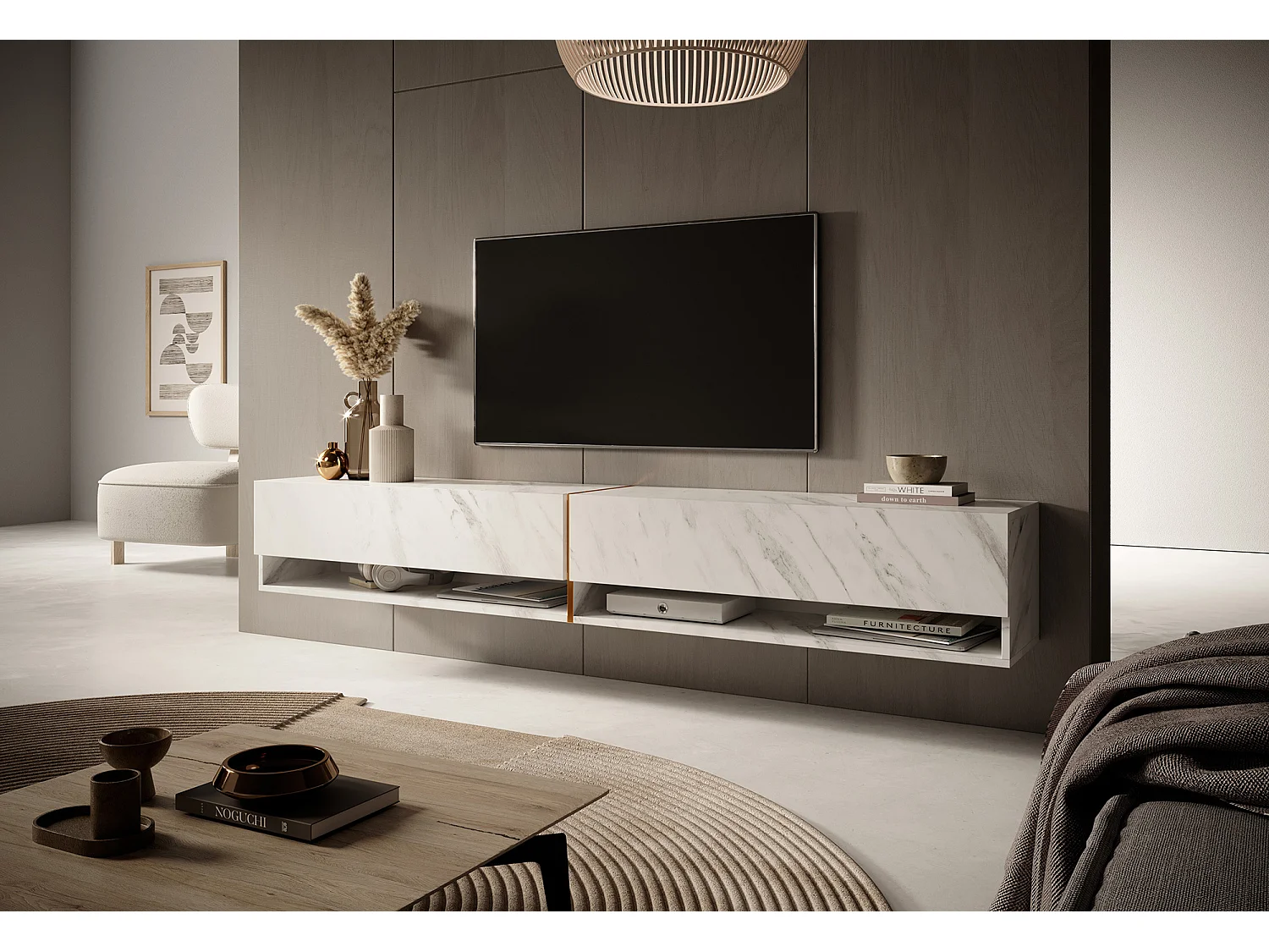 Meuble tv 200 cm -marbre blanc avec insert d'or - MIRRGO