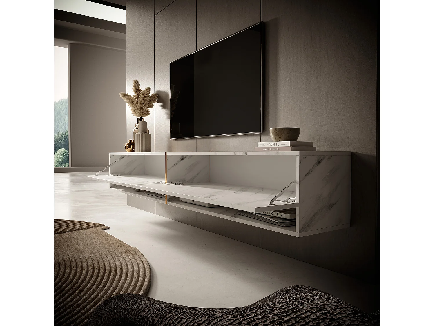 Meuble tv 200 cm -marbre blanc avec insert d'or - MIRRGO