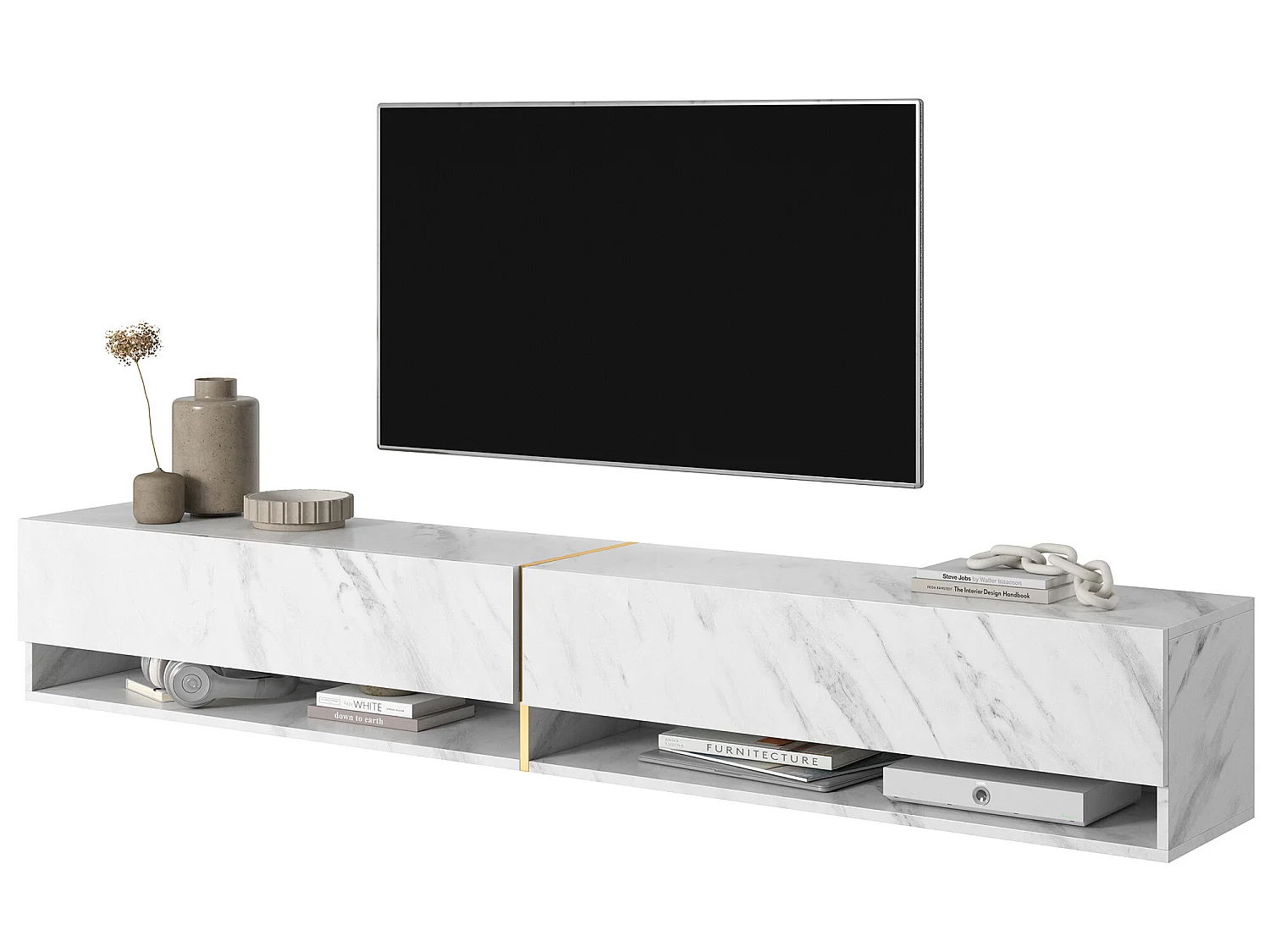 Meuble tv 200 cm -marbre blanc avec insert d'or - MIRRGO