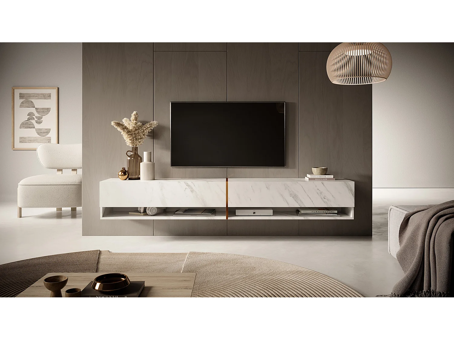 Meuble tv 200 cm -marbre blanc avec insert d'or - MIRRGO