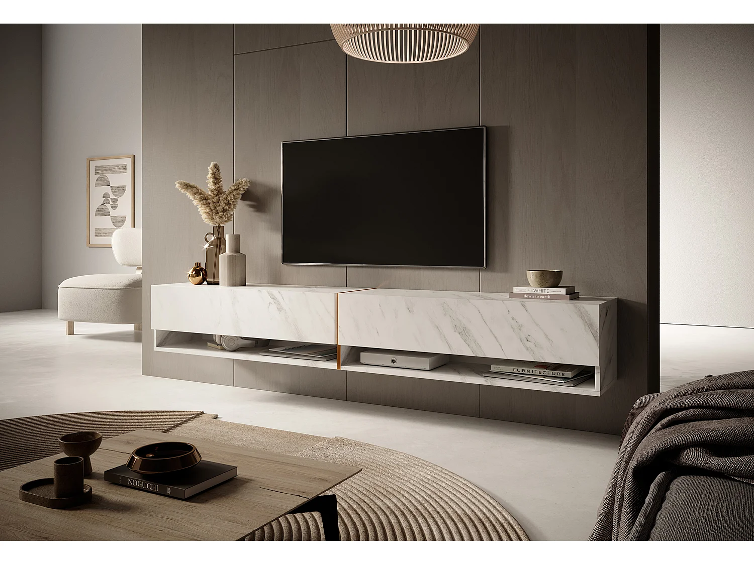Meuble tv 200 cm -marbre blanc avec insert d'or - MIRRGO