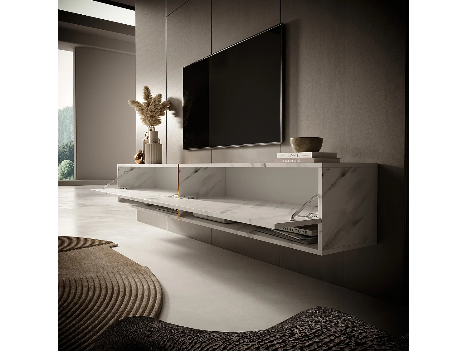 Meuble tv 200 cm -marbre blanc avec insert d'or - MIRRGO