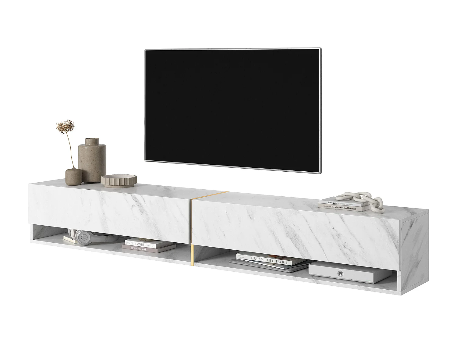 Meuble tv 200 cm -marbre blanc avec insert d'or - MIRRGO