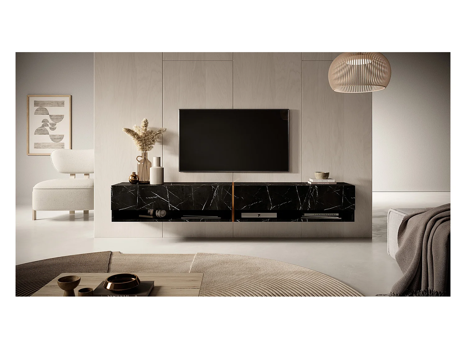 Mueble TV / Mueble de salón - mármol negro con incrustaciones de oro - 200 cm - Mirrgo