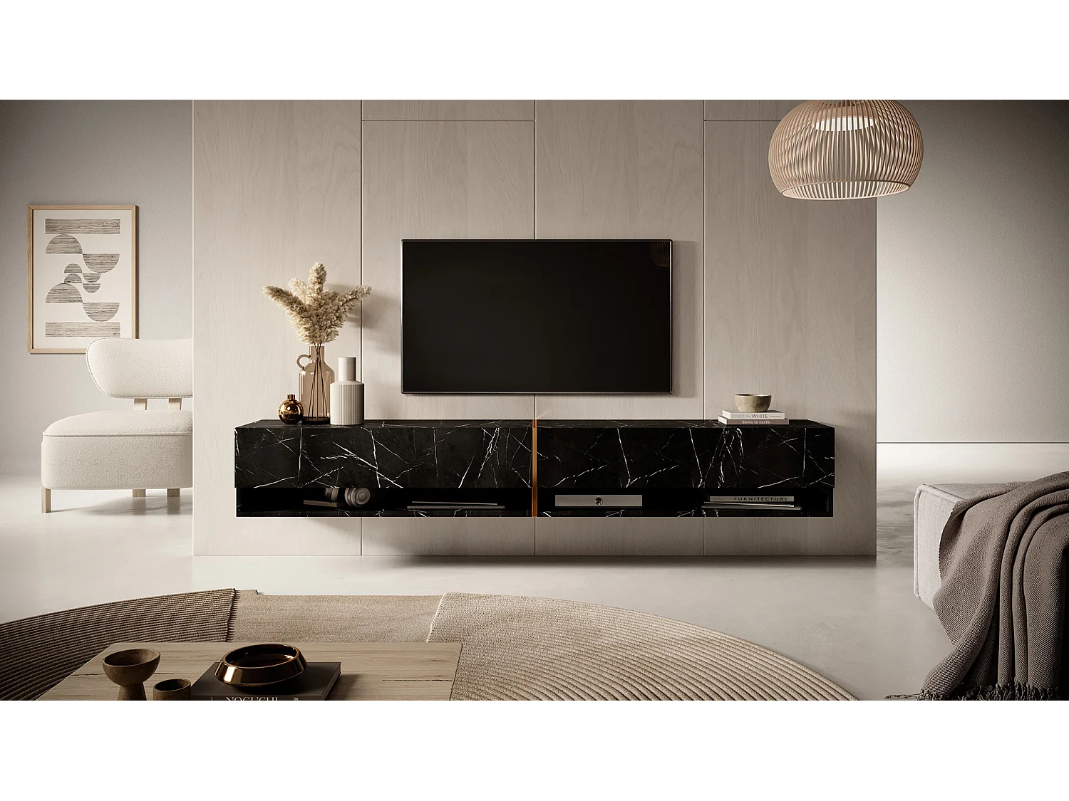 Mueble TV / Mueble de salón - mármol negro con incrustaciones de oro - 200 cm - Mirrgo