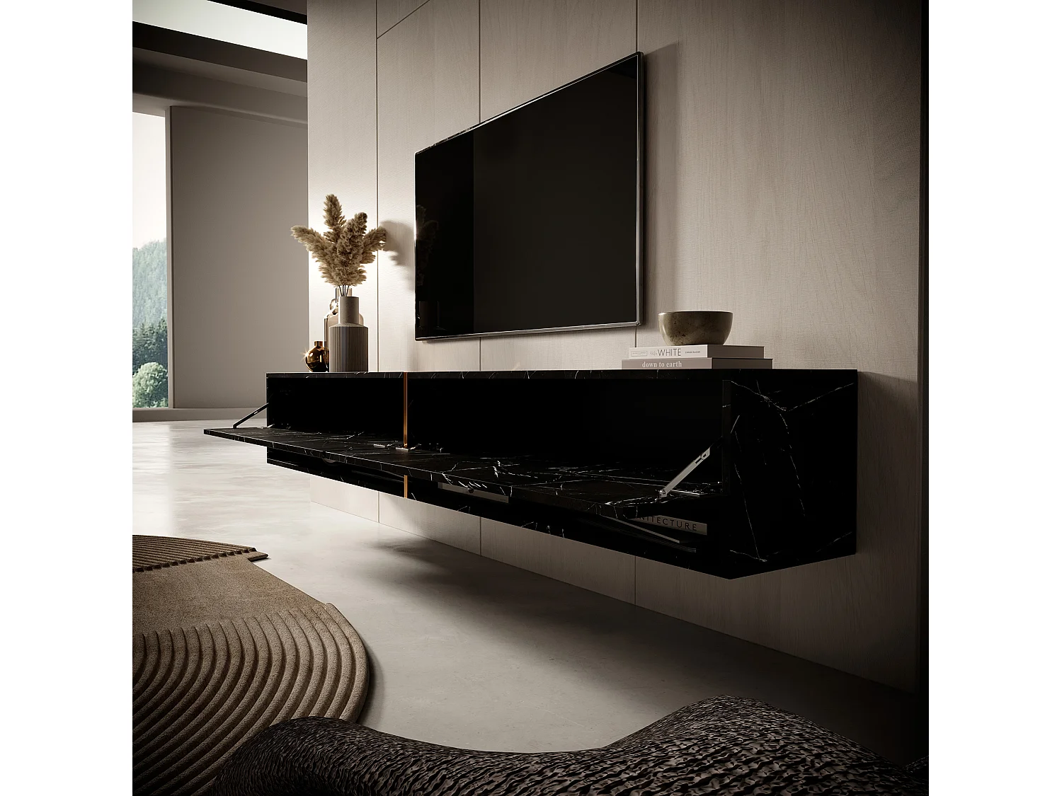 Mueble TV / Mueble de salón - mármol negro con incrustaciones de oro - 200 cm - Mirrgo