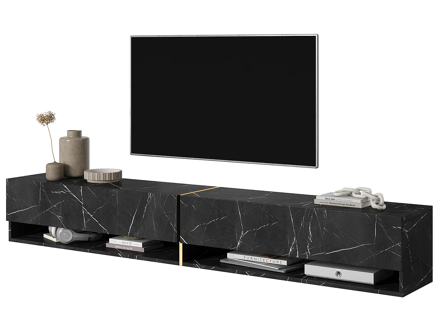 Mueble TV / Mueble de salón - mármol negro con incrustaciones de oro - 200 cm - Mirrgo