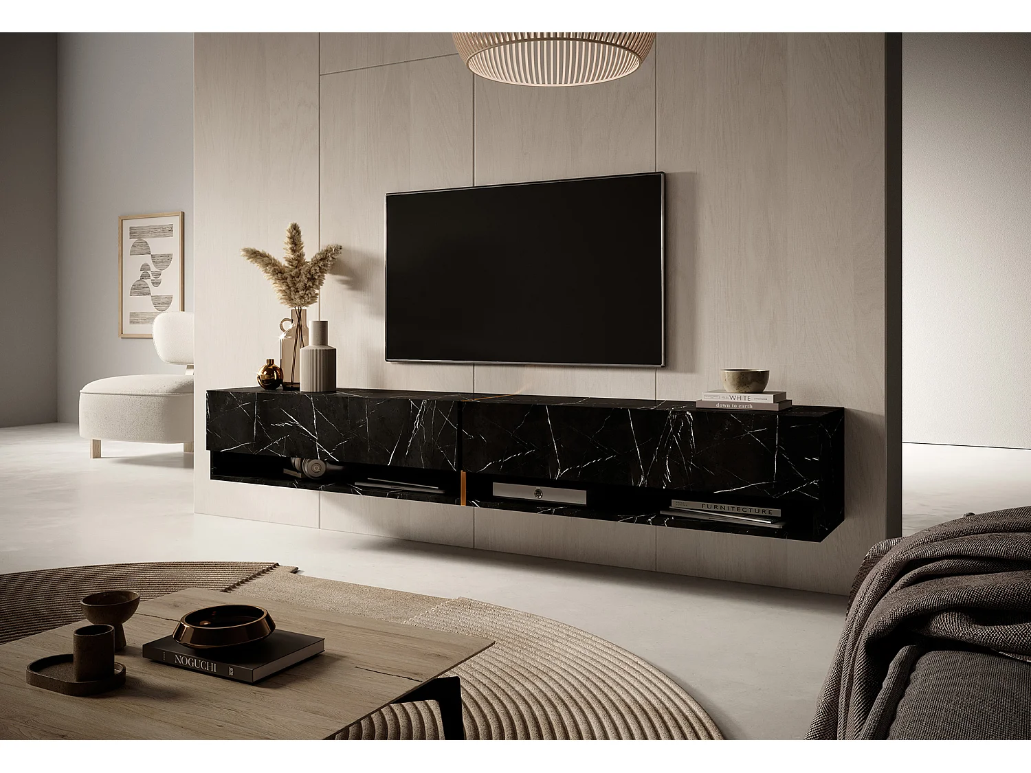 Mueble TV / Mueble de salón - mármol negro con incrustaciones de oro - 200 cm - Mirrgo