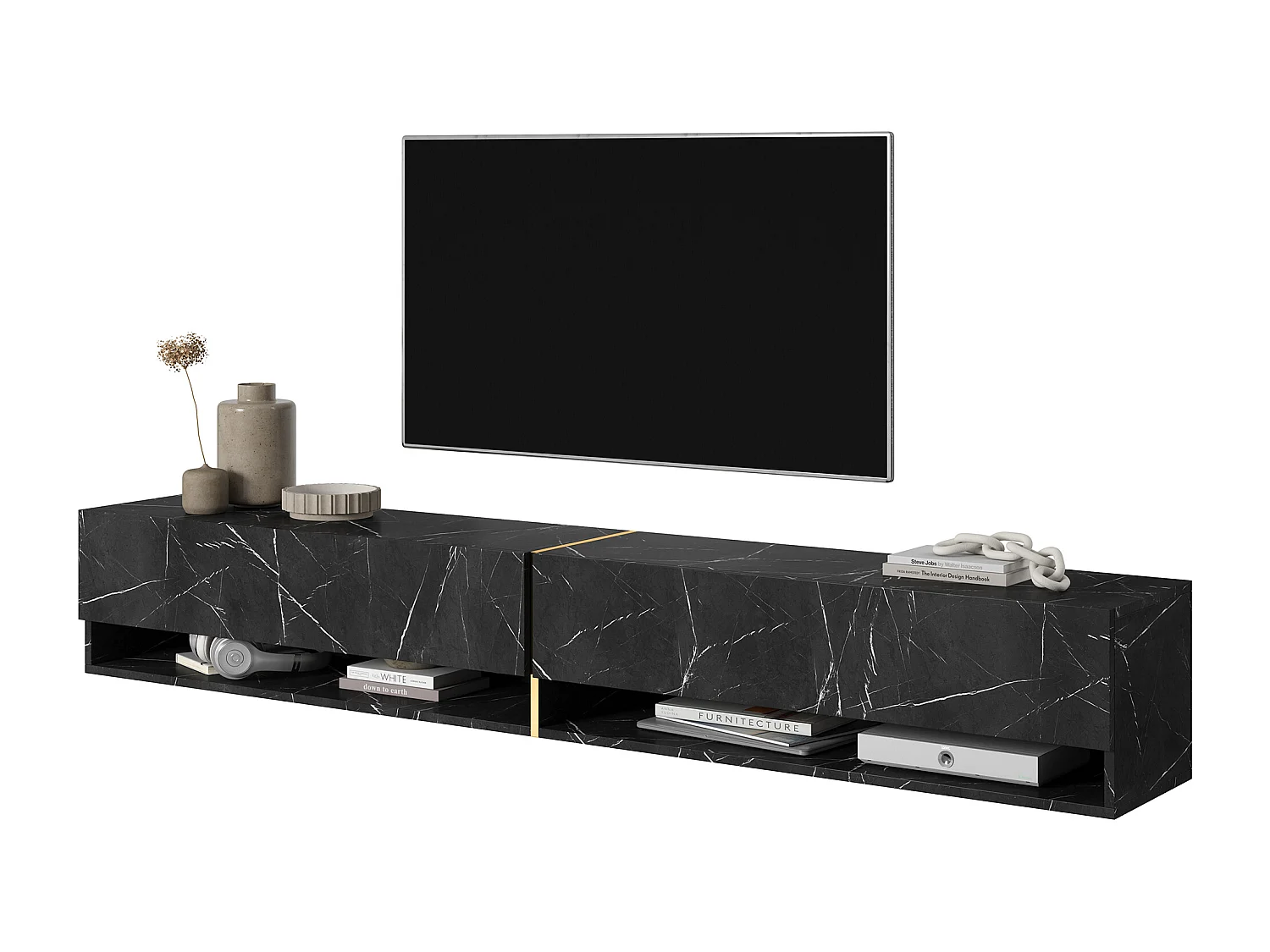 Mueble TV / Mueble de salón - mármol negro con incrustaciones de oro - 200 cm - Mirrgo