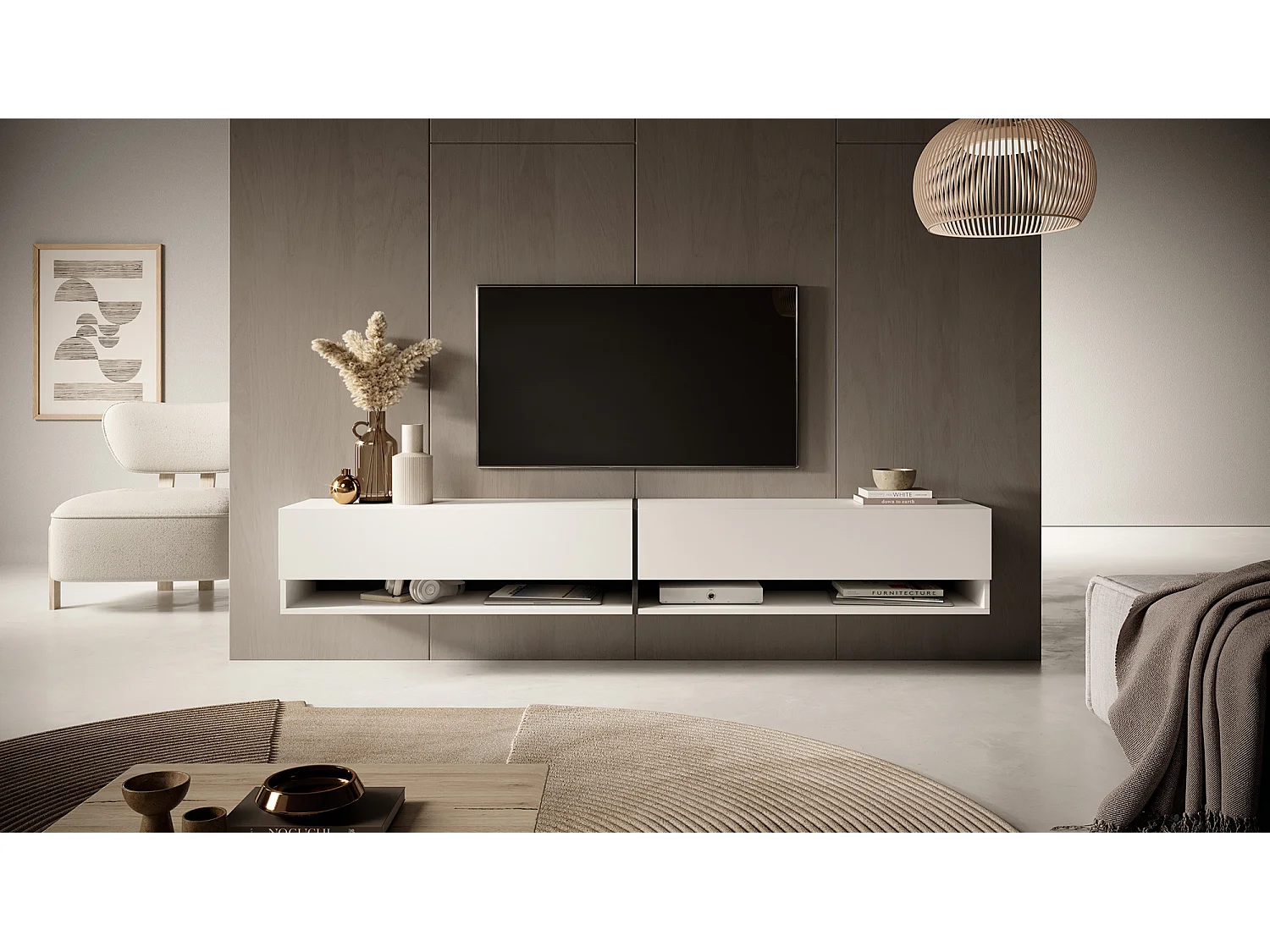 Meuble tv 200 cm -blanc avec insert graphite - MIRRGO