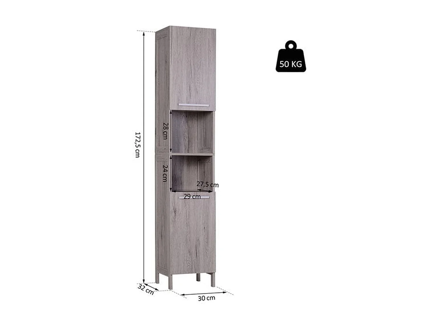 Armario alto de baño madera tinte grisáceo 30x32x172.5 cm kleankin