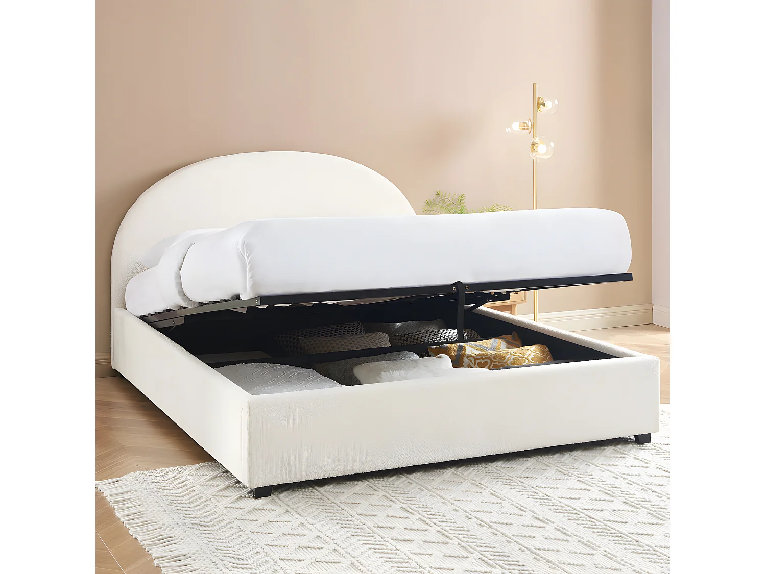 Merle - Lit coffre en tissu bouclette 160x200cm - Ecru