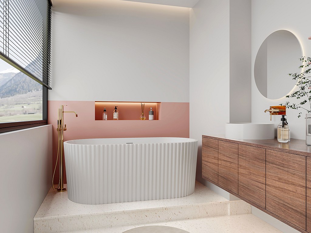 Freistehende Badewanne - gerippt - Acryl - Weiß glänzend - 220 L - 150 x 75 x 58 cm - ALIENA