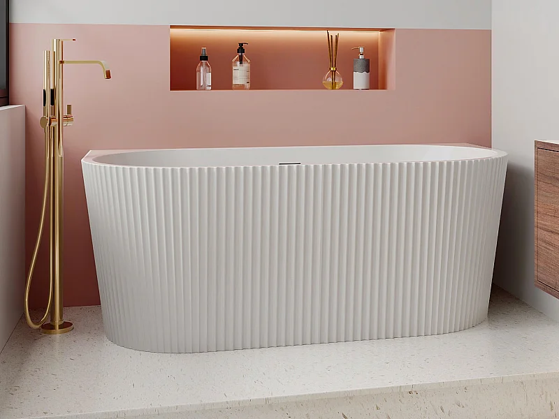 Halb freistehende Badewanne - gerippt - 206 L - 149 x 75 x 58 cm - Acryl - Weiß glänzend - ZELINA