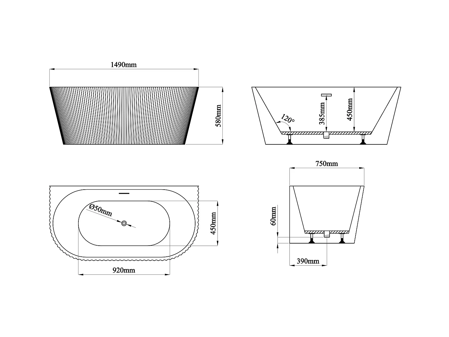 Banheira semiclássica estriada em acrílico branco brilhante 149 x 75 x 58 cm - ZELINA