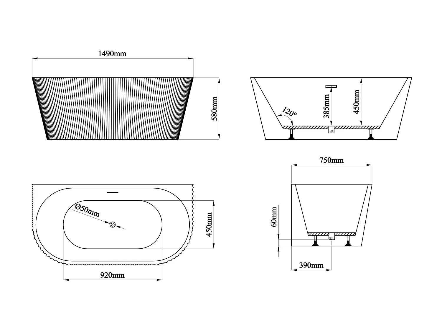 Halb freistehende Badewanne - gerippt - 206 L - 149 x 75 x 58 cm - Acryl - Weiß glänzend - ZELINA