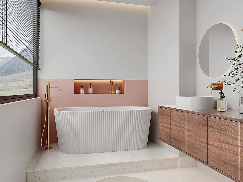 Baignoire semi îlot striée - 206 L - 149 x 75 x 58 cm - Blanc brillant - Acrylique  - ZELINA