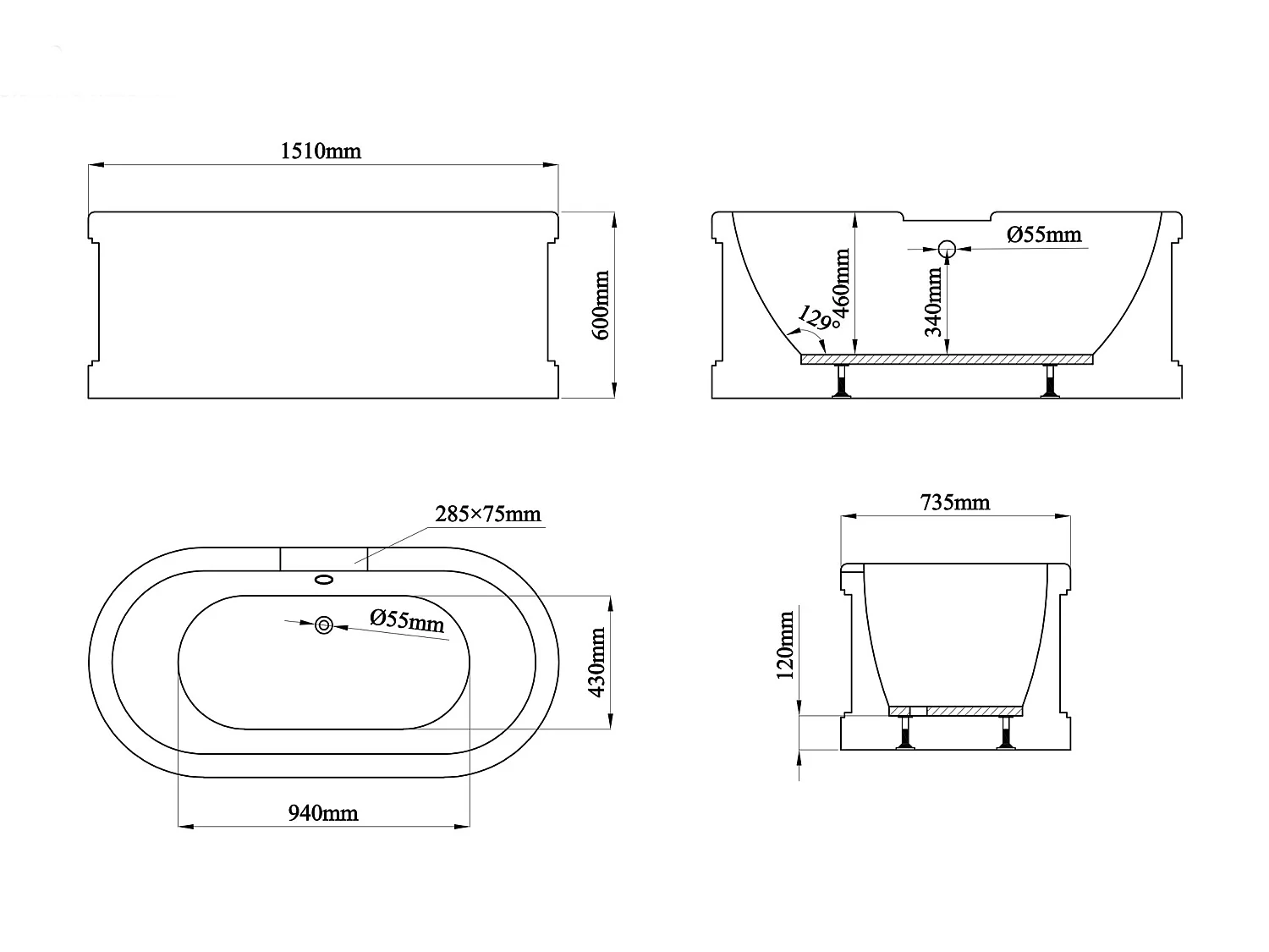 Baignoire îlot style campagne chic - Gris mat - 161L - 152 x 74 x 60 cm - CAVASO