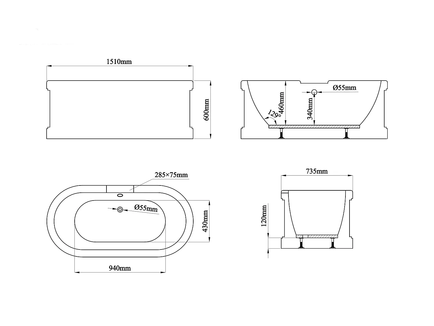 Vrijstaand landelijk acrylbad – Grijs (mat) – 161 liter – 152 x 74 x 60 cm – CAVASO