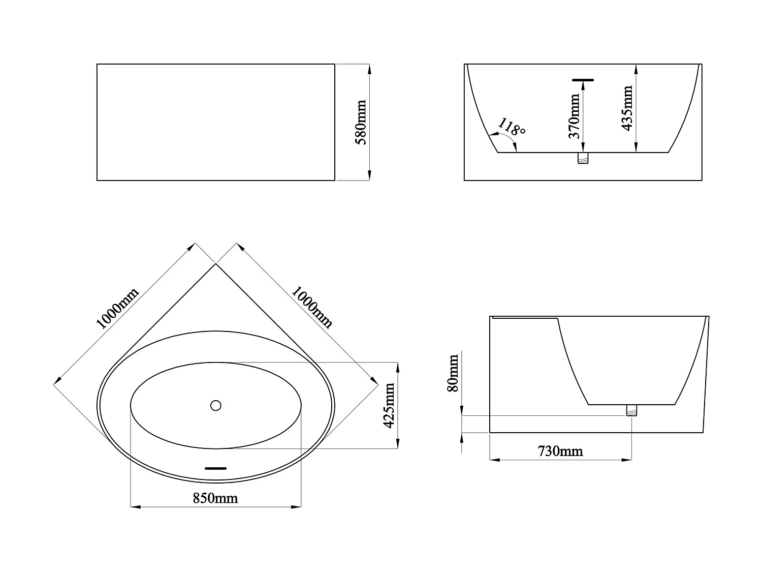 Bañera de esquina ovalada de acrílico - Blanco mate - 176L - 100 x 100 x 58 cm - MARTA