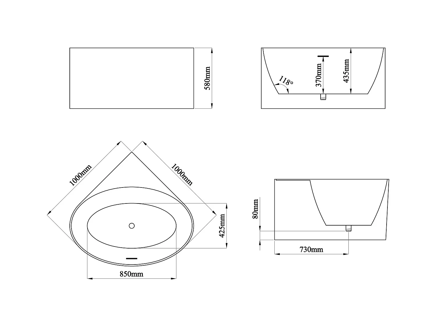 Ovaal hoekbad van acryl – Wit (mat) – 176 liter – 100 x 100 x 58 cm – MARTA