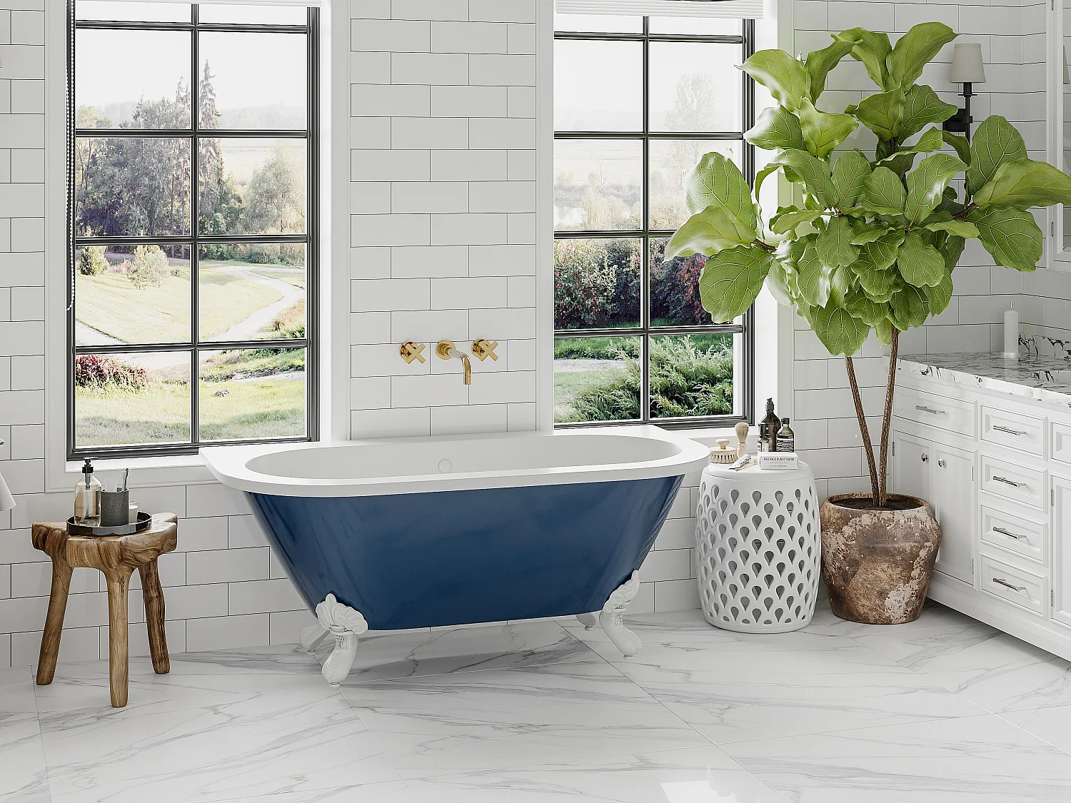 Halb freistehende Badewanne - Retro - mit Adlerfüßen - 154 L - 150 x 74 x 61 cm - Blau glänzend - SPARUS