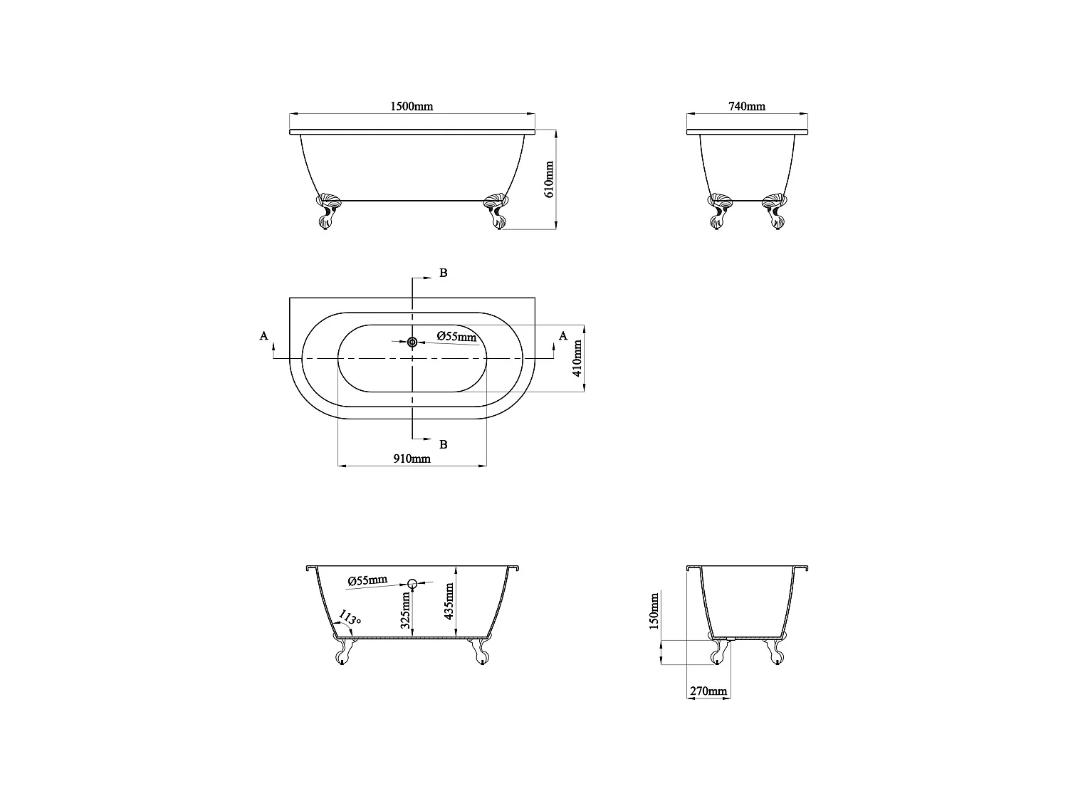 Baignoire semi îlot rétro avec pieds d'aigle - Bleu brillant - 154L - 150 x 74 x 61 cm - SPARUS