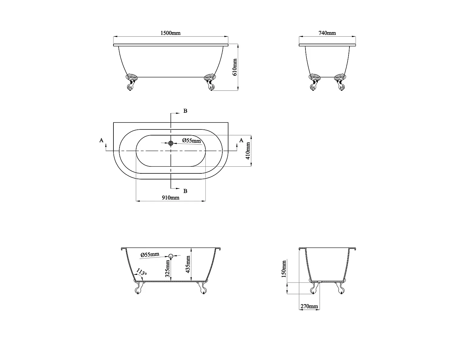Retrofod-i-planket halvfristernen badekar med ørnefødder - Skinnende blå - 154L - 150 x 74 x 61 cm - SPARUS