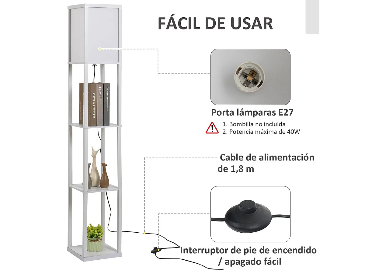 Lámpara de pie con estantes blanco 26x26x160 cm HOMCOM