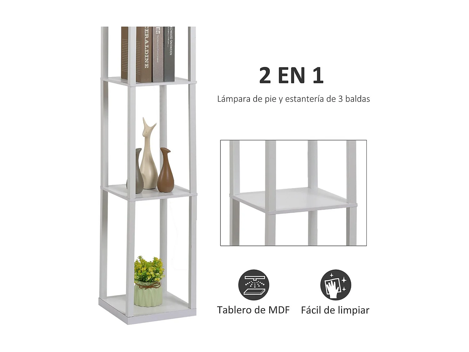 Lámpara de pie con estantes blanco 26x26x160 cm HOMCOM