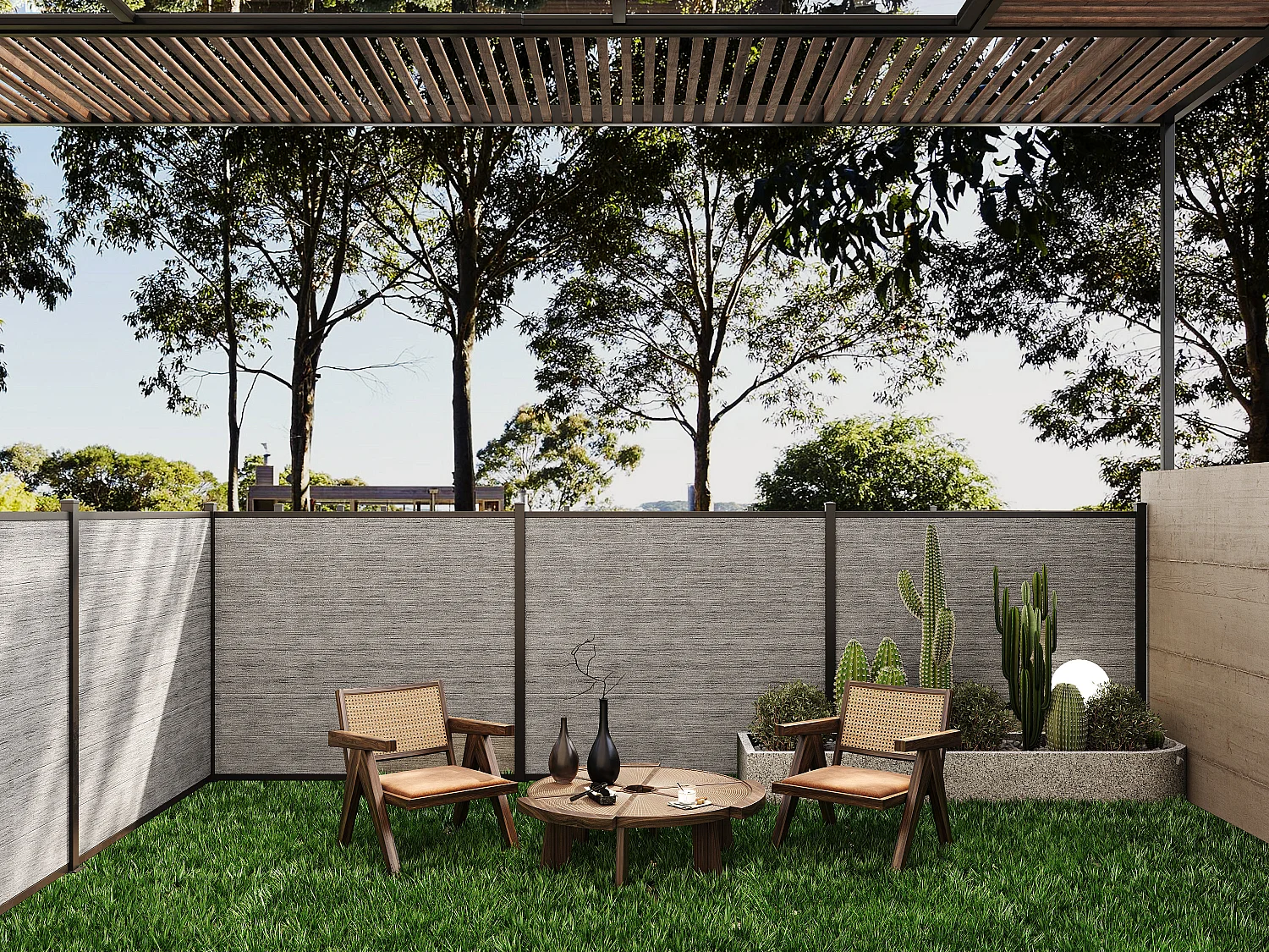 Ingraafbare omheining H156 cm - Set 6 composietplaten + 1 lichtgrijze paal - ENOLA