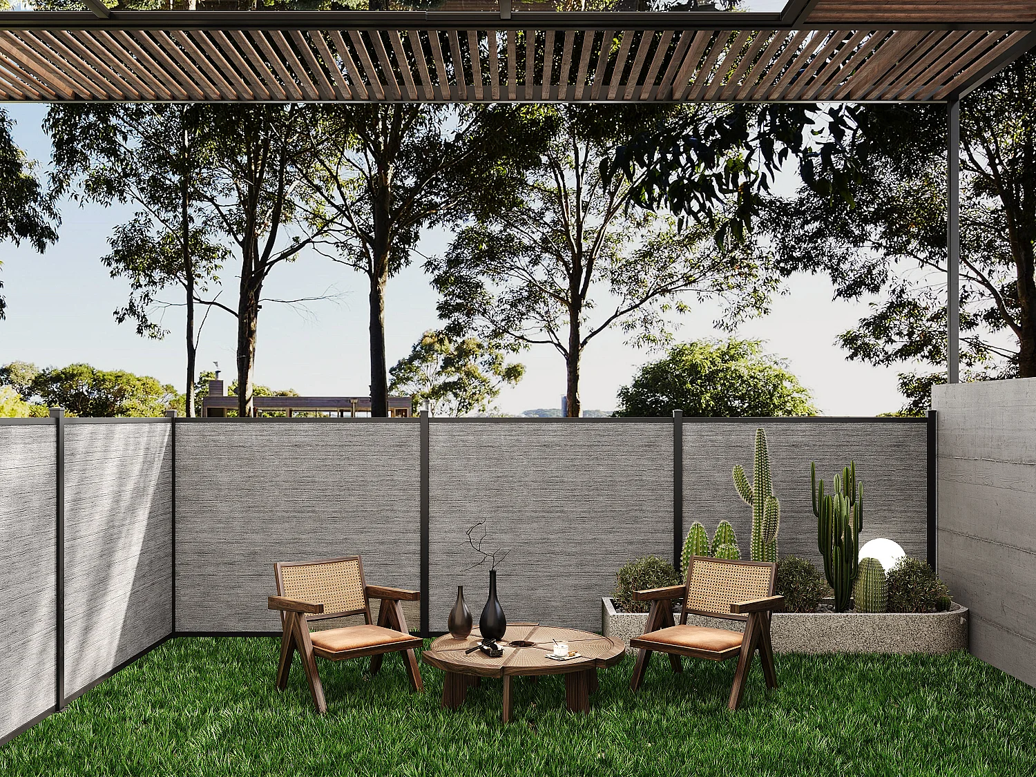 Ingraafbare omheining H181 cm - Set 7 composietplaten + 1 lichtgrijze paal - ENOLA