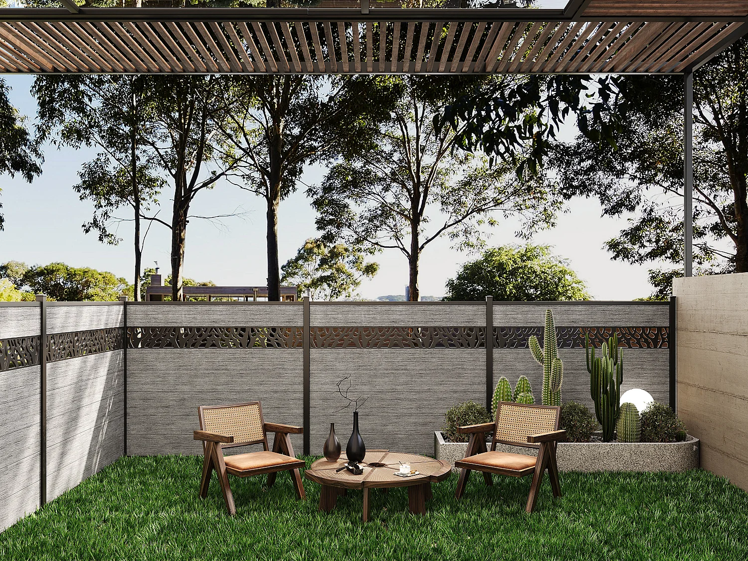 Clôture à enterrer H 181 cm - Kit 7 lames en composite avec décor + 1 poteau gris clair - ENOLA