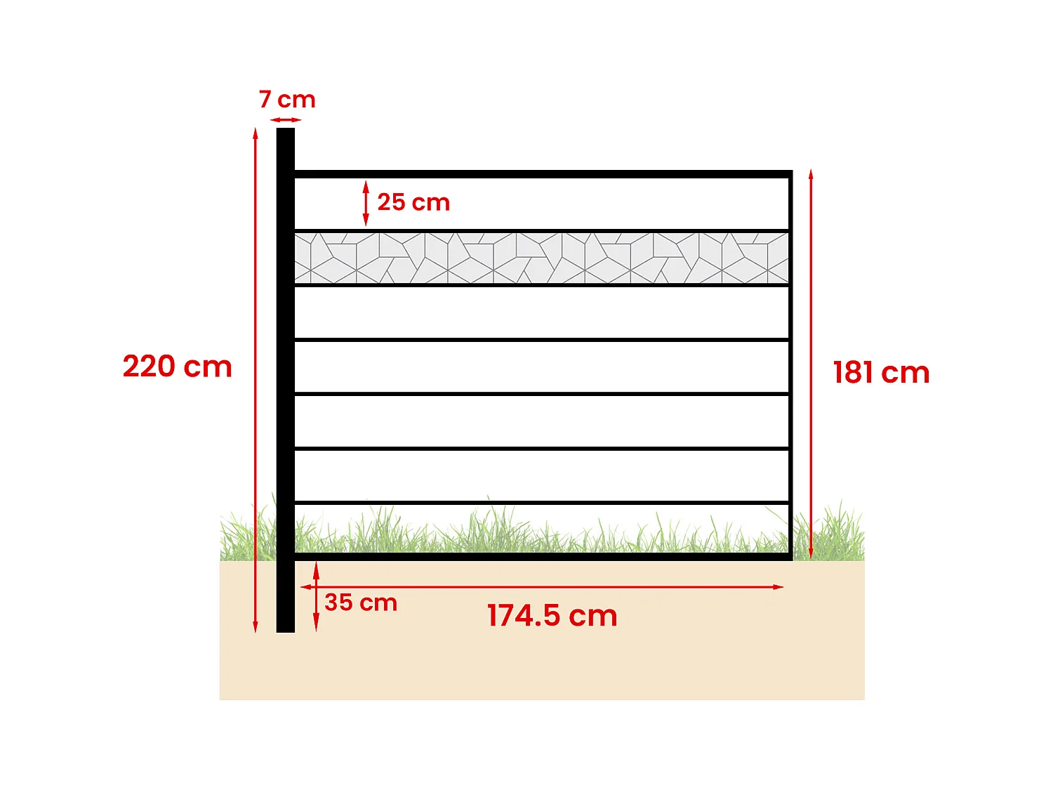 Clôture à enterrer H 181 cm - Kit 7 lames en composite avec décor + 1 poteau gris clair - ENOLA