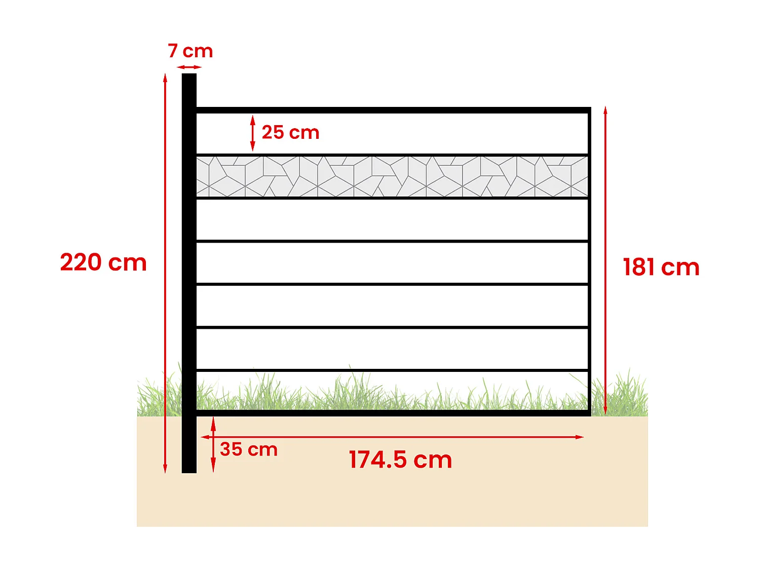 Ingraafbare omheining H181 cm - Set 7 composietplaten met decoratie + 1 antracietkleurige paal - ENOLA