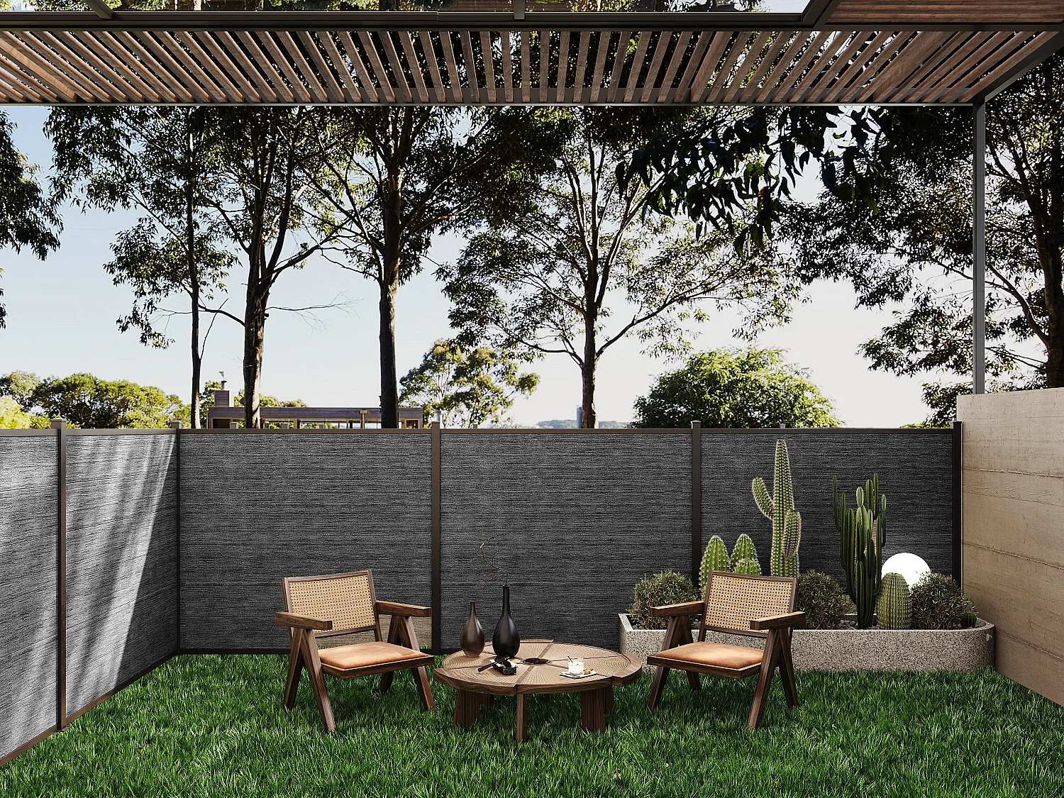 Panele ogrodzenia bez podmurówki wys. 156 cm – zestaw 6 kompozytowych lamel + 2 antracytowe słupki – ENOLA