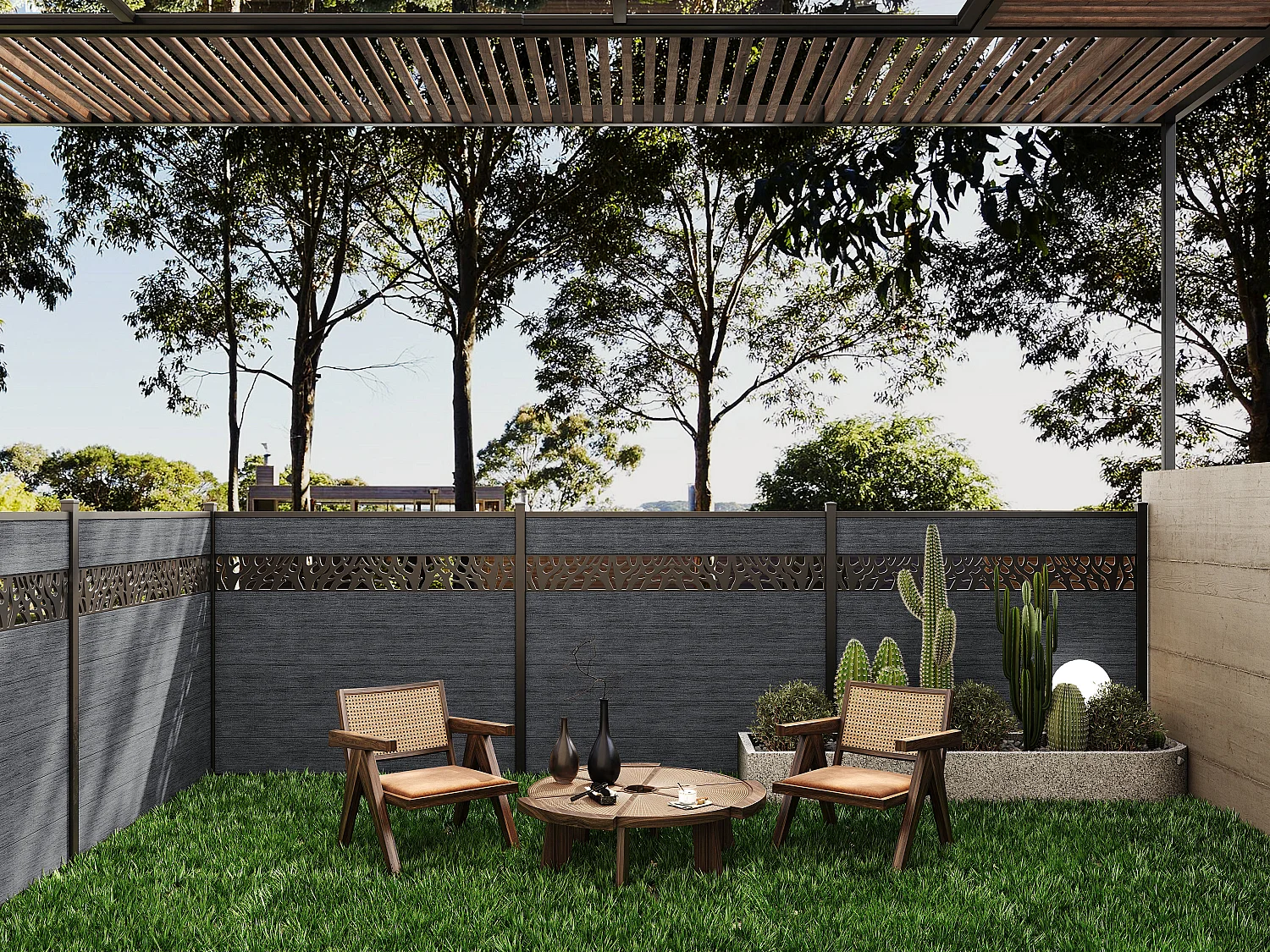 Clôture à enterrer H 181 cm - Kit 7 lames en composite avec décor + 2 poteaux anthracite - ENOLA