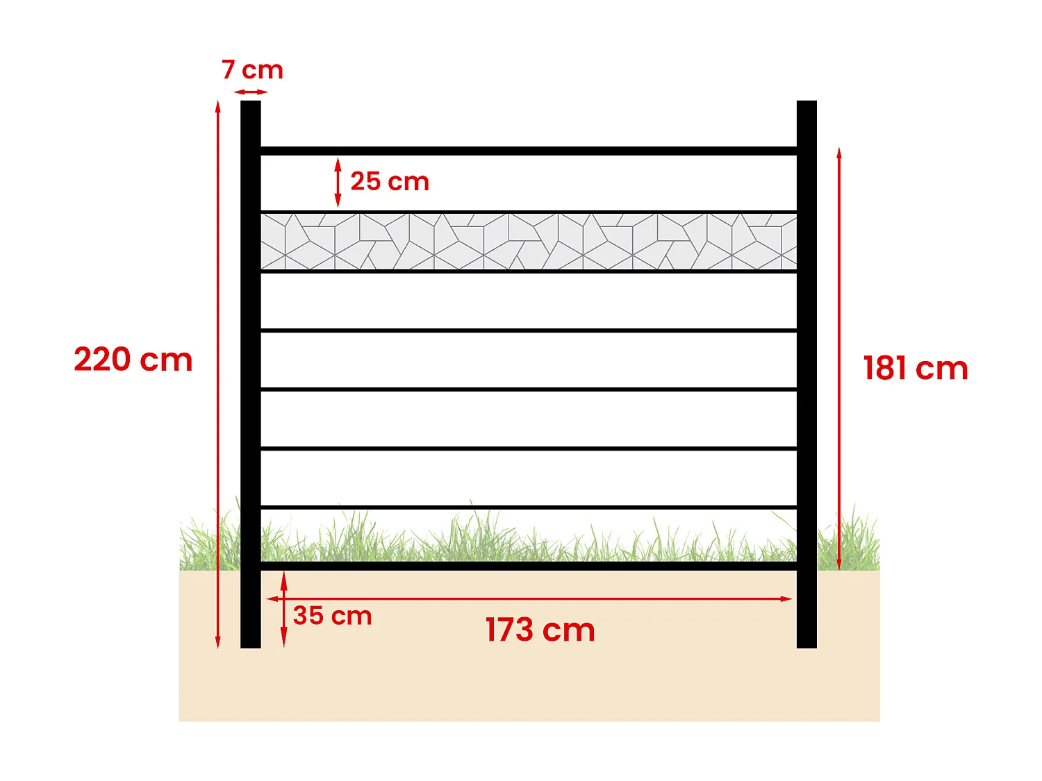 Clôture à enterrer H 181 cm - Kit 7 lames en composite avec décor + 2 poteaux anthracite - ENOLA