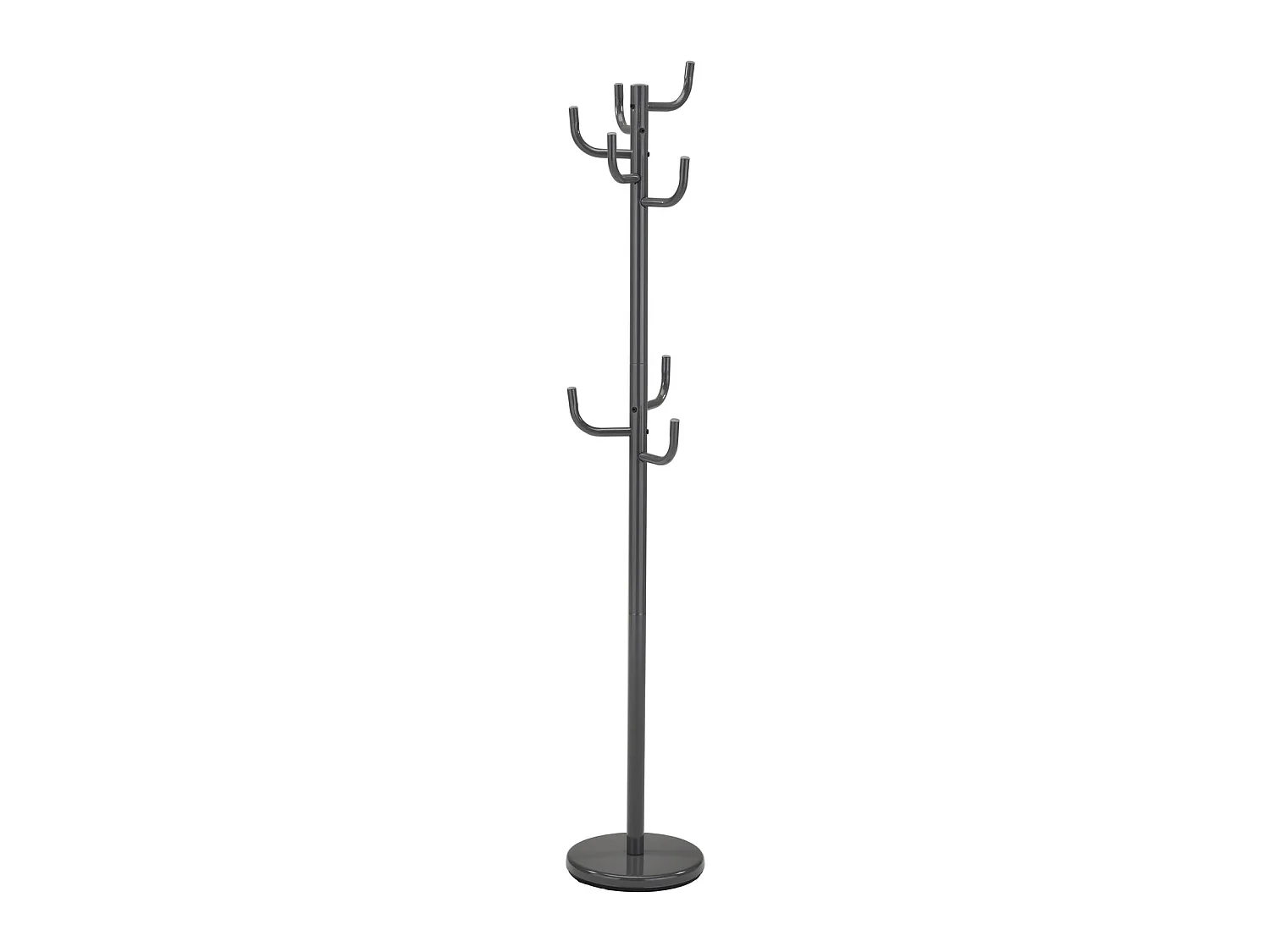 Porte-manteaux MILA portant pour vêtements sur pied hauteur 174 cm socle rond et 8 crochets, meuble d'entrée en métal laqué gris