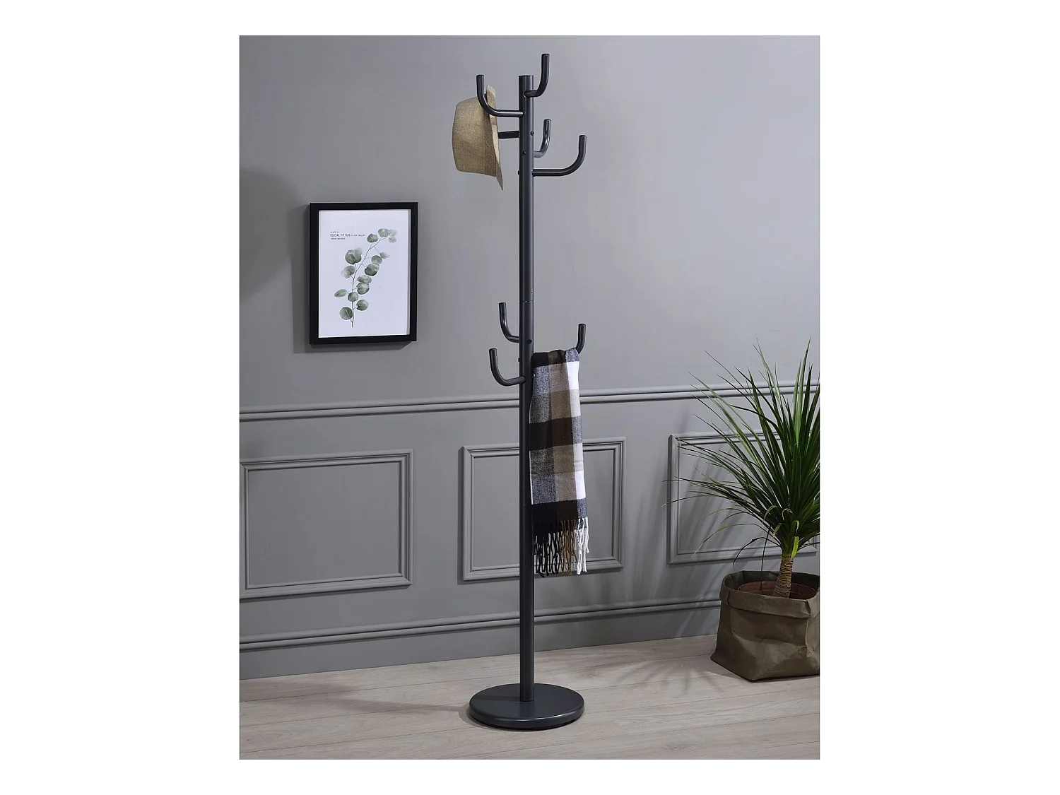 Porte-manteaux MILA portant pour vêtements sur pied hauteur 174 cm socle rond et 8 crochets, meuble d'entrée en métal laqué gris