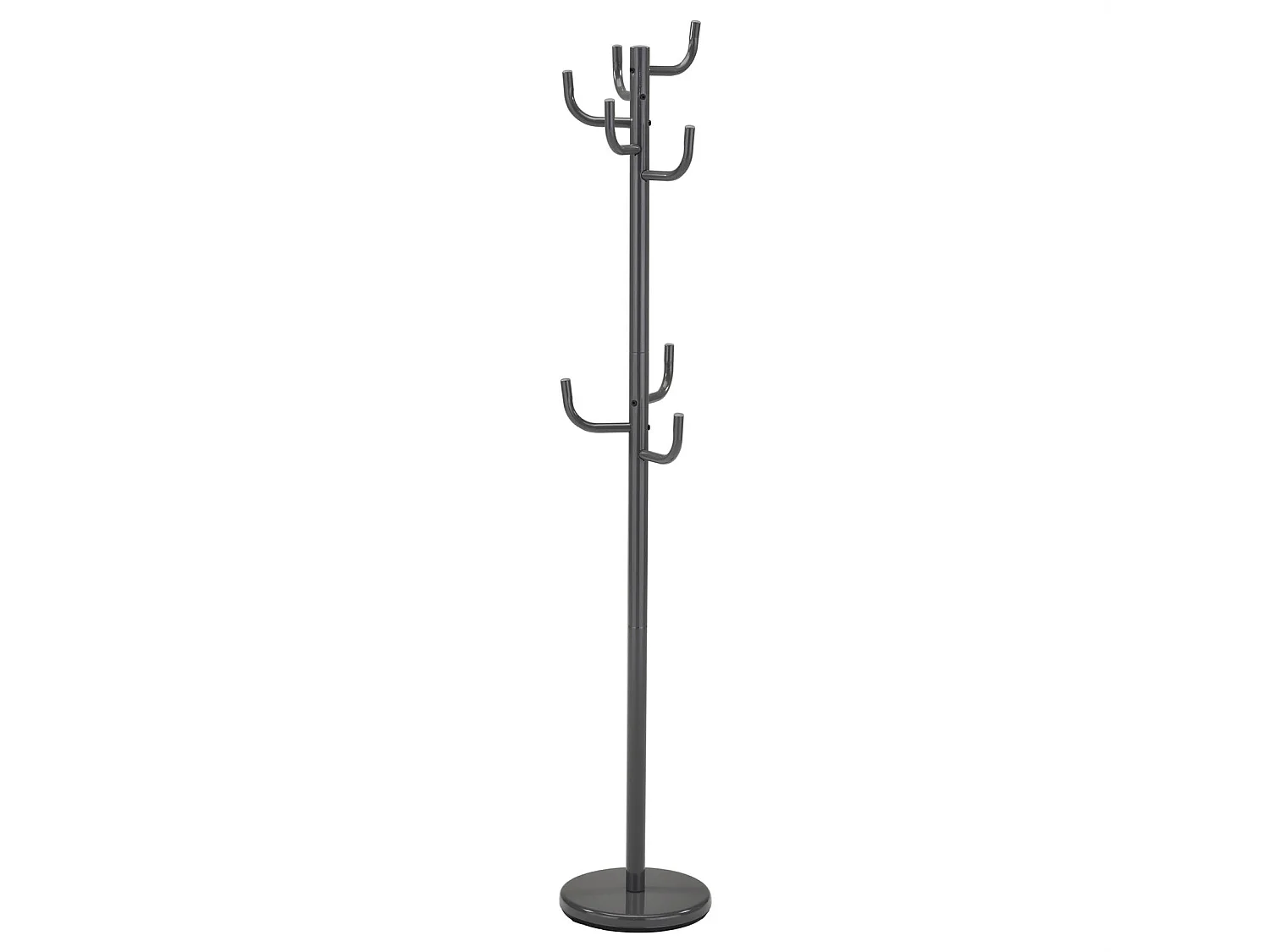 Porte-manteaux MILA portant pour vêtements sur pied hauteur 174 cm socle rond et 8 crochets, meuble d'entrée en métal laqué gris
