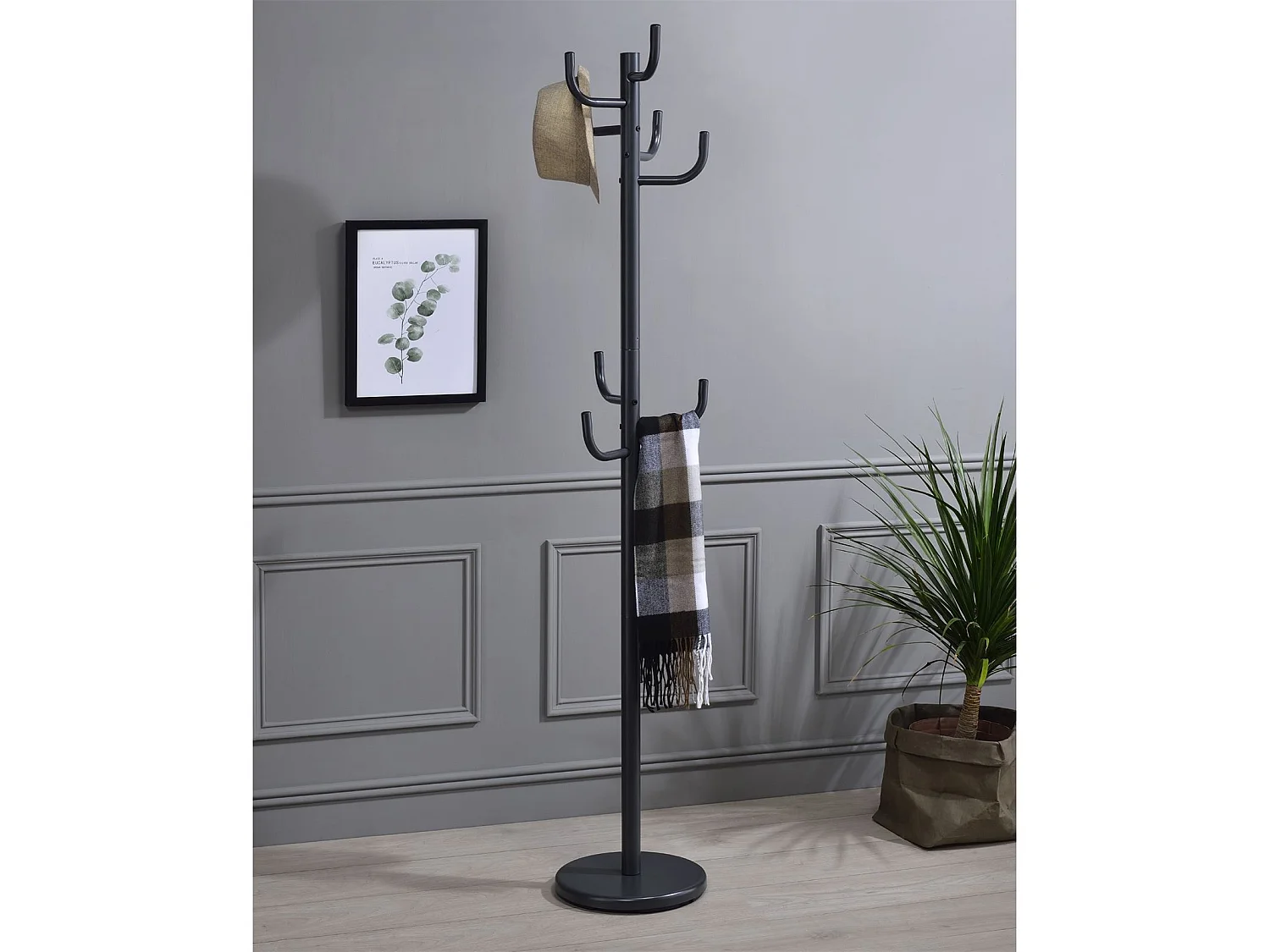 Porte-manteaux MILA portant pour vêtements sur pied hauteur 174 cm socle rond et 8 crochets, meuble d'entrée en métal laqué gris