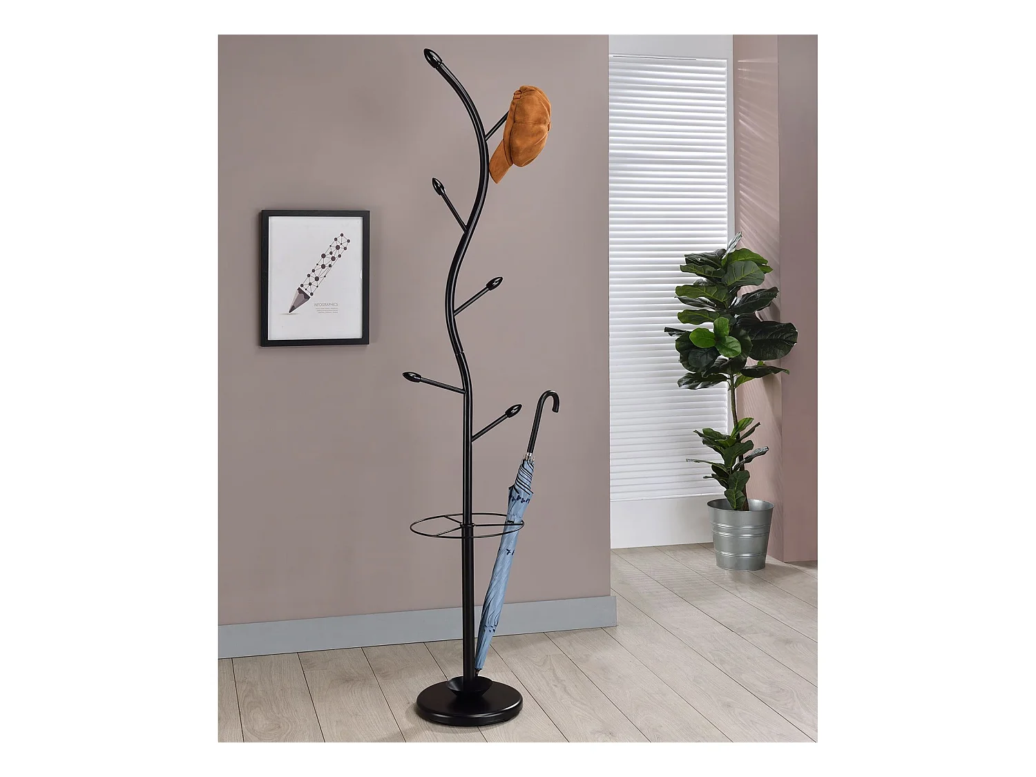 Porte-manteaux TRIANA portant à vêtements sur pied en forme d'arbre avec 6 crochets et un porte parapluie, métal laqué noir et bois