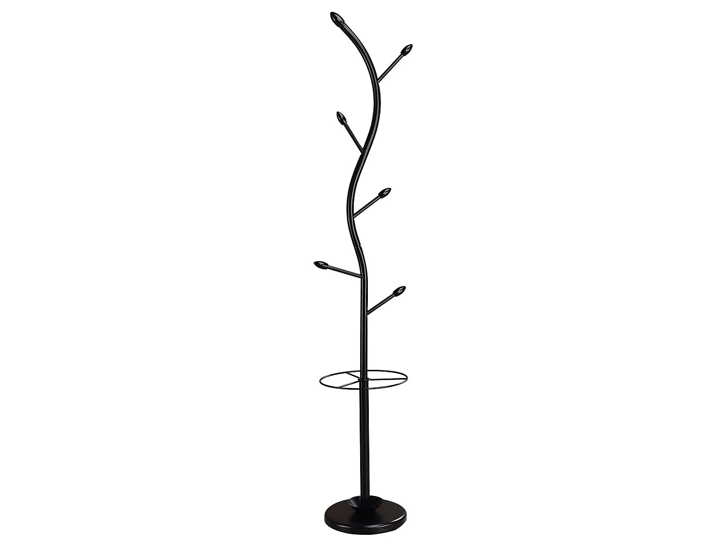 Porte-manteaux TRIANA portant à vêtements sur pied en forme d'arbre avec 6 crochets et un porte parapluie, métal laqué noir et bois